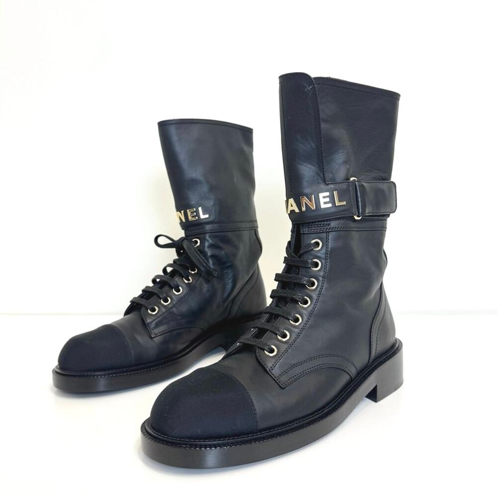CHANEL Black Leather Gold Logo Cap To Combat Boots 38.5 NEW Mid Calf Shoes 2022
